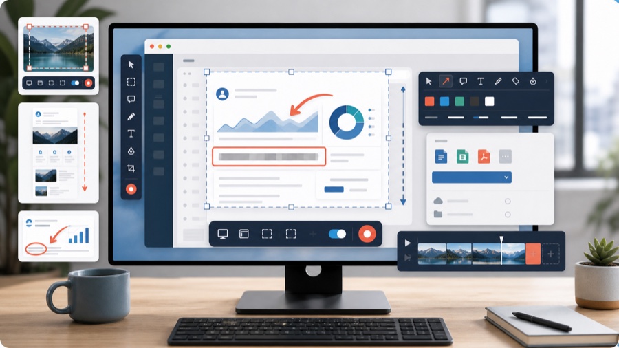 Snagit screenshot capture workflow with annotation, blur, recording and export panels